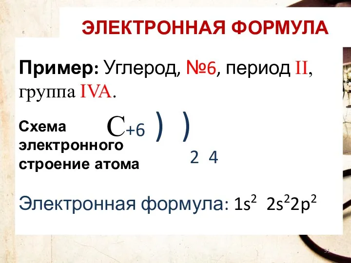 Пример: Углерод, №6, период II, группа IVA. С+6 ) )