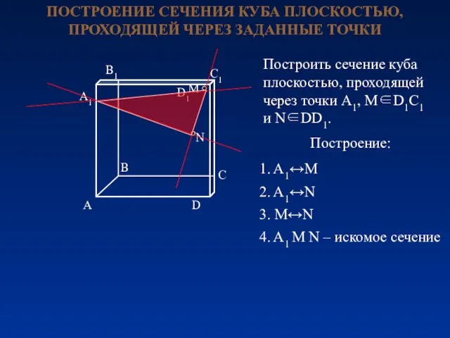 ПОСТРОЕНИЕ СЕЧЕНИЯ КУБА ПЛОСКОСТЬЮ, ПРОХОДЯЩЕЙ ЧЕРЕЗ ЗАДАННЫЕ ТОЧКИ Построить сечение