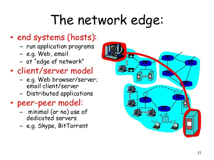 The network edge: end systems (hosts): run application programs e.g. Web, email at