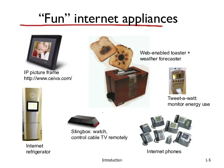Introduction “Fun” internet appliances IP picture frame http://www.ceiva.com/ Web-enabled toaster + weather forecaster