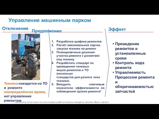 8 Управление машинным парком Отклонение Предложение Эффект Техника находится на