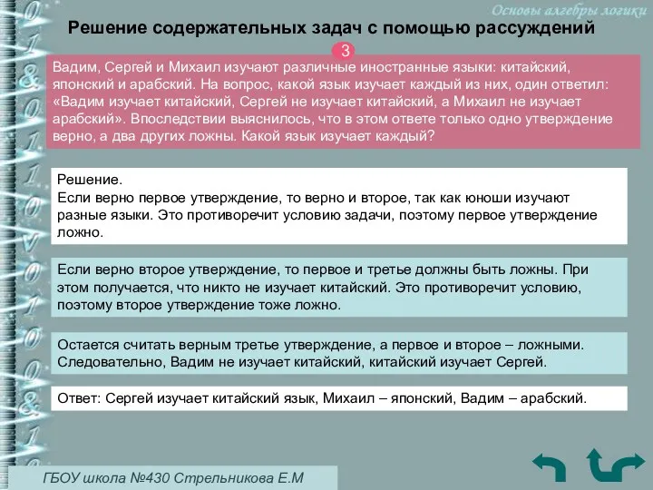 Решение содержательных задач с помощью рассуждений Вадим, Сергей и Михаил