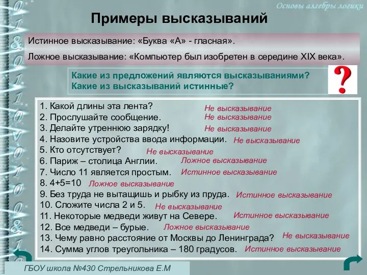 Примеры высказываний Истинное высказывание: «Буква «А» - гласная». Ложное высказывание: