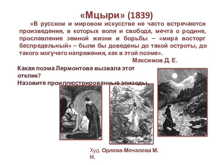 «Мцыри» (1839) Худ. Орлова-Мочалова М. Н. Какая поэма Лермонтова вызвала этот отклик? Назовите