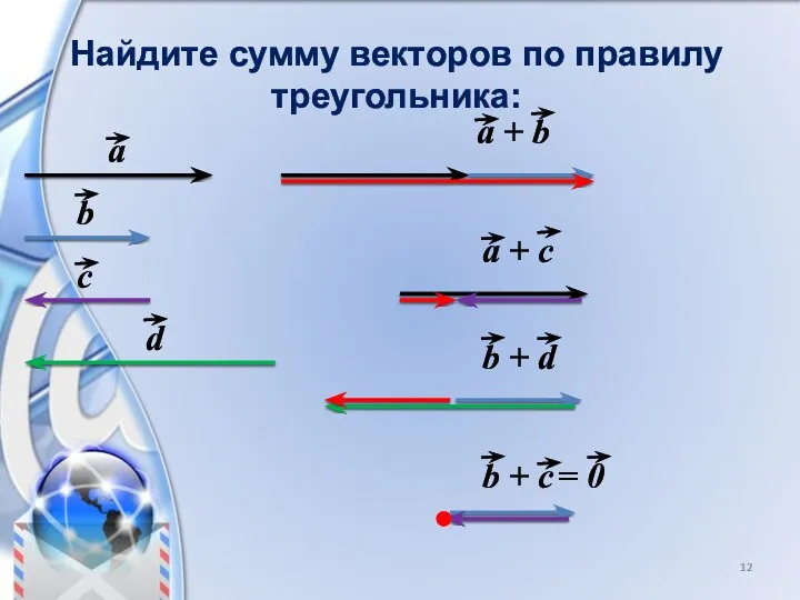 Найдите сумму векторов по правилу треугольника: