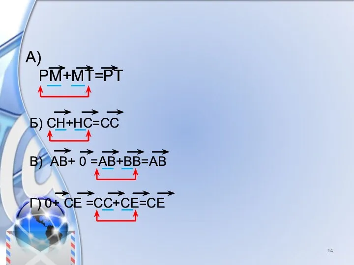 А) PM+MT=PT Б) CH+HC=CC В) AВ+ 0 =AB+BB=AB Г) 0+ CE =CC+CE=CE