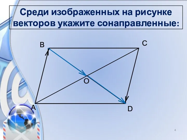 Среди изображенных на рисунке векторов укажите сонаправленные: A B C D O