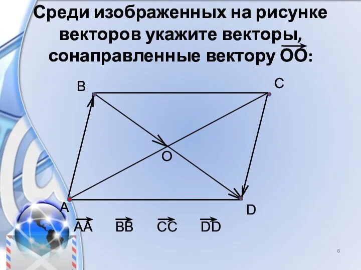 Среди изображенных на рисунке векторов укажите векторы, сонаправленные вектору ОО: A B C D O