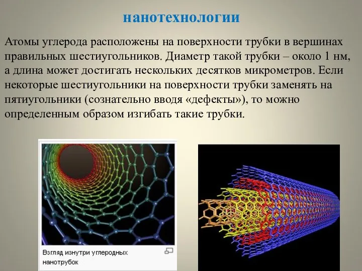нанотехнологии Атомы углерода расположены на поверхности трубки в вершинах правильных