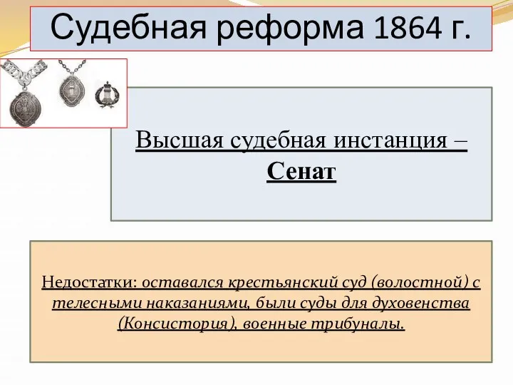 Судебная реформа 1864 г. Высшая судебная инстанция – Сенат Недостатки: