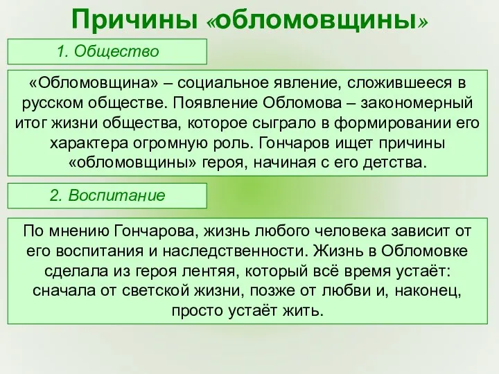 1. Общество Причины «обломовщины» «Обломовщина» – социальное явление, сложившееся в