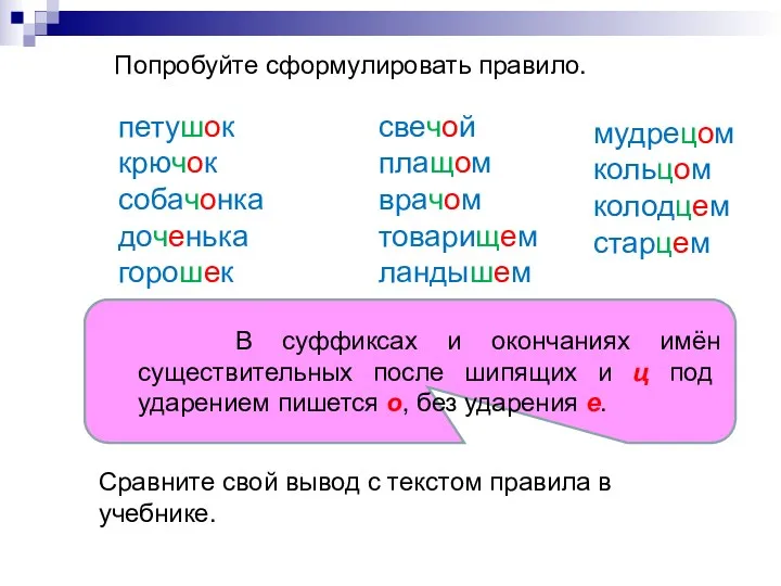 Попробуйте сформулировать правило. петушок крючок собачонка доченька горошек свечой плащом