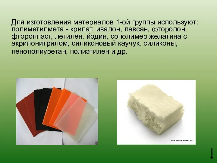 Для изготовления материалов 1-ой группы используют: полиметилмета - крилат, ивалон, лавсан, фторолон, фторопласт,