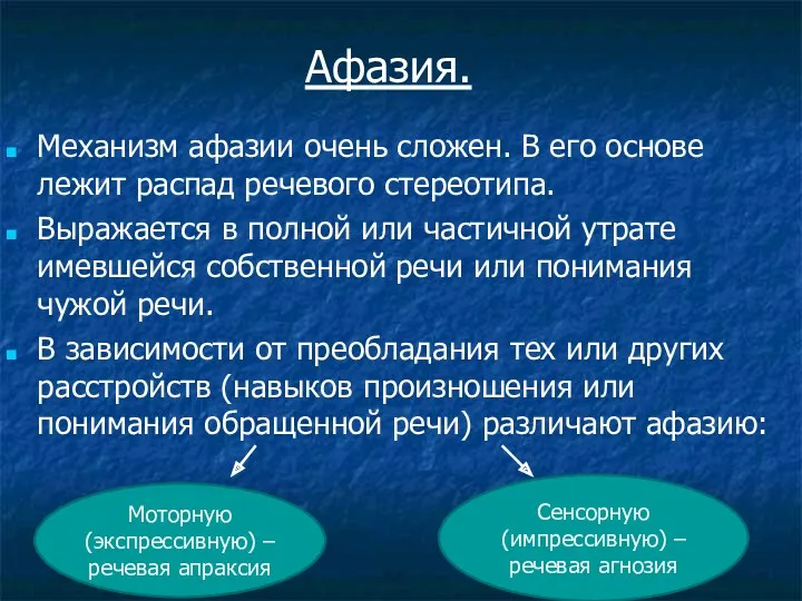 Механизм афазии очень сложен. В его основе лежит распад речевого