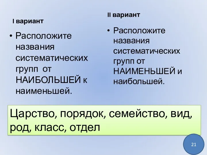 I вариант II вариант Расположите названия систематических групп от НАИБОЛЬШЕЙ