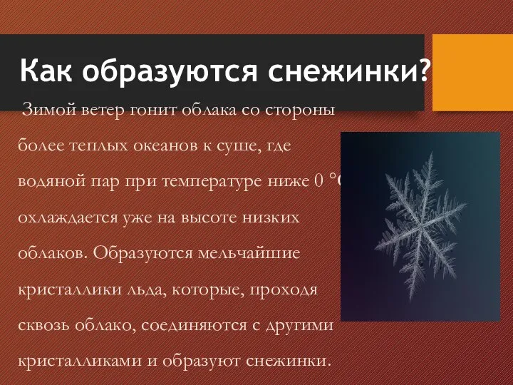 Как образуются снежинки? Зимой ветер гонит облака со стороны более