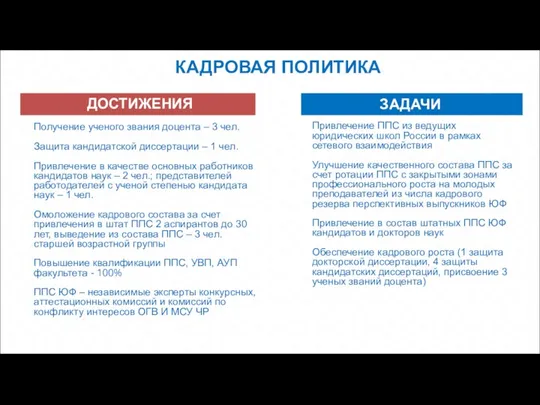 КАДРОВАЯ ПОЛИТИКА ДОСТИЖЕНИЯ ЗАДАЧИ Получение ученого звания доцента – 3