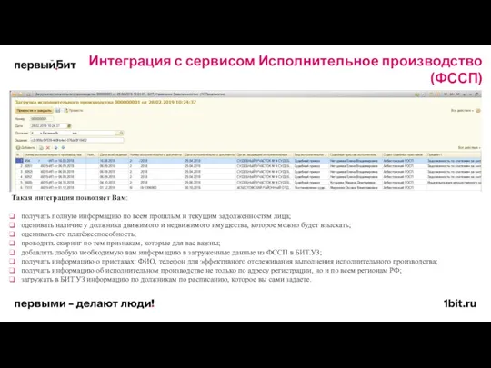 Интеграция с сервисом Исполнительное производство (ФССП) Такая интеграция позволяет Вам: