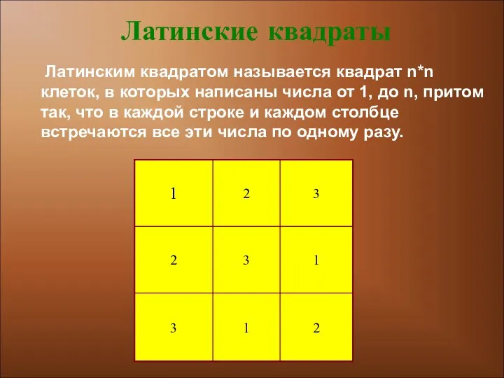 Латинским квадратом называется квадрат n*n клеток, в которых написаны числа