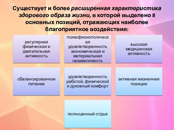 Существует и более расширенная характеристика здорового образа жизни, в которой