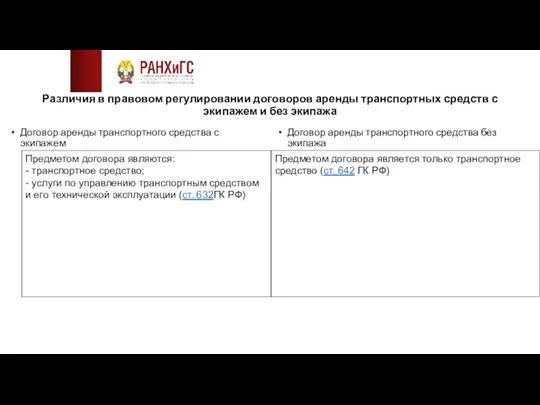 Различия в правовом регулировании договоров аренды транспортных средств с экипажем