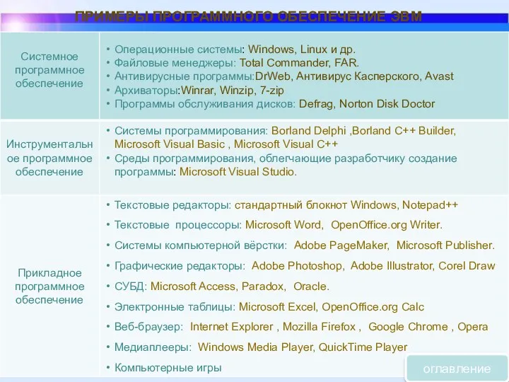 ПРИМЕРЫ ПРОГРАММНОГО ОБЕСПЕЧЕНИЕ ЭВМ оглавление