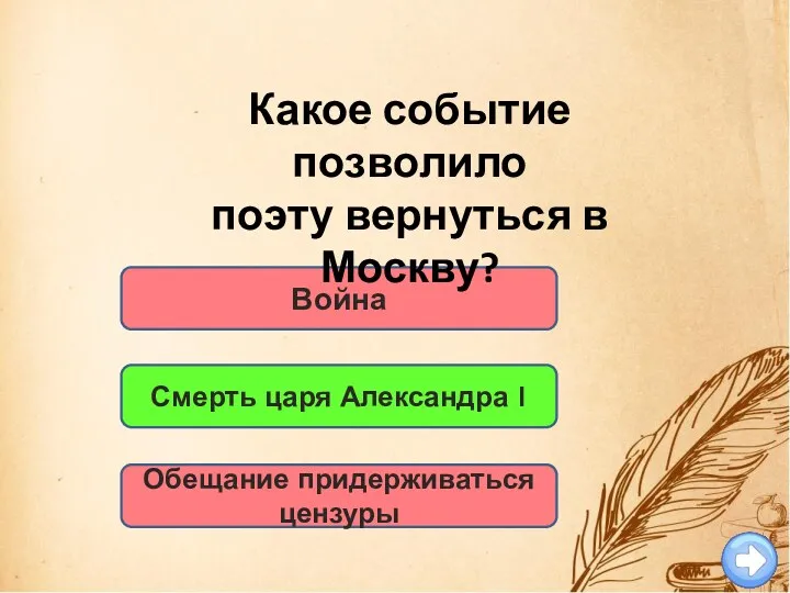 Война Какое событие позволило поэту вернуться в Москву? Смерть царя Александра I Обещание придерживаться цензуры