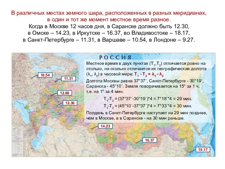 В различных местах земного шара, расположенных в разных меридианах, в