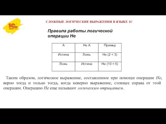 СЛОЖНЫЕ ЛОГИЧЕСКИЕ ВЫРАЖЕНИЯ В ЯЗЫКЕ 1С Правила работы логической операции