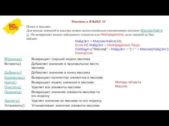 Массивы в ЯЗЫКЕ 1С Поиск в массиве: Для поиска значений