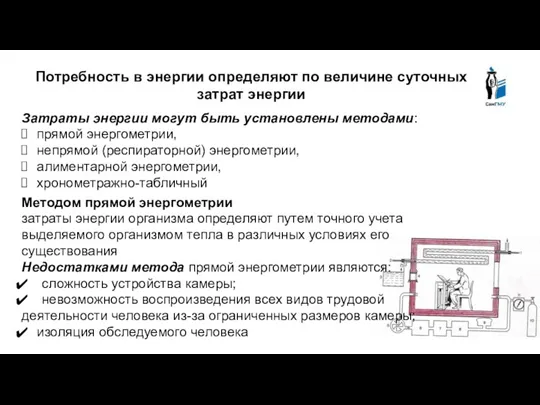 Потребность в энергии определяют по величине суточных затрат энергии Затраты