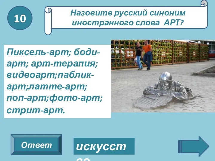 Ответ 10 Назовите русский синоним иностранного слова АРТ? Пиксель-арт; боди-арт; арт-терапия; видеоарт;паблик-арт;латте-арт; поп-арт;фото-арт; стрит-арт. искусство