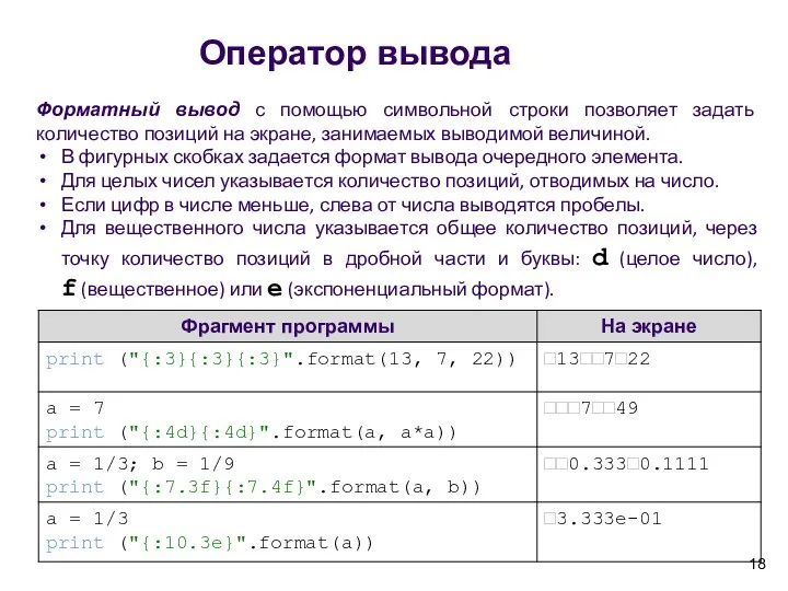 Форматный вывод с помощью символьной строки позволяет задать количество позиций на экране, занимаемых