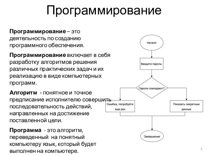 Программирование Программирование – это деятельность по созданию программного обеспечения. Программирование включает в себя