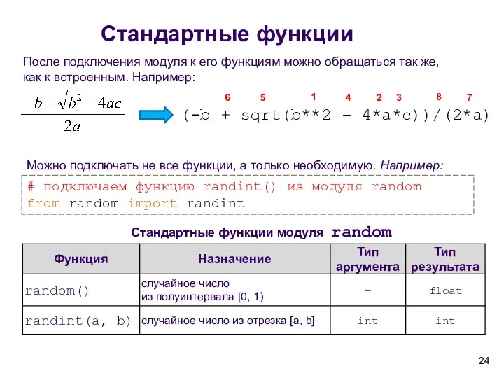 Стандартные функции Стандартные функции модуля random После подключения модуля к