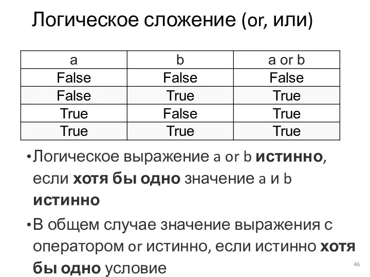 Логическое сложение (or, или) Логическое выражение a or b истинно,