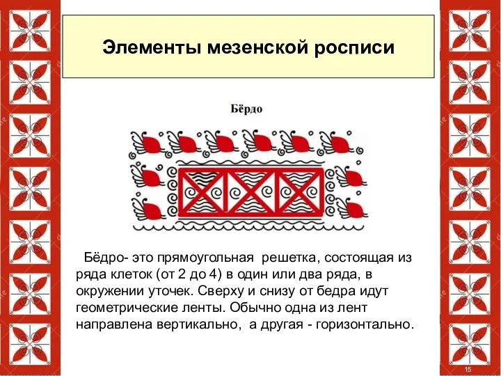 Элементы мезенской росписи Бёдро- это прямоугольная решетка, состоящая из ряда клеток (от 2