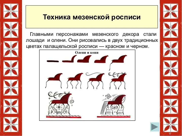 Техника мезенской росписи Главными персонажами мезенского декора стали лошади и олени. Они рисовались