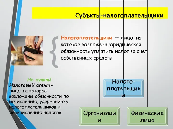 Субъкты-налогоплательщики Налогоплательщики — лицо, на которое возложена юридическая обязанность уплатить