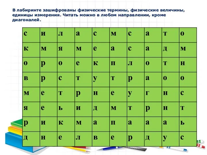 В лабиринте зашифрованы физические термины, физические величины, единицы измерения. Читать можно в любом направлении, кроме диагоналей.