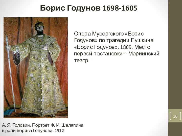 Борис Годунов 1698-1605 А. Я. Головин. Портрет Ф. И. Шаляпина