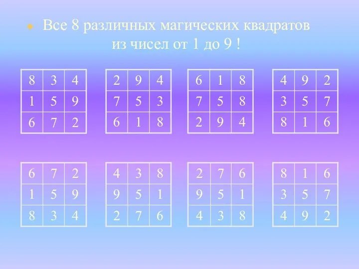 Все 8 различных магических квадратов из чисел от 1 до 9 !