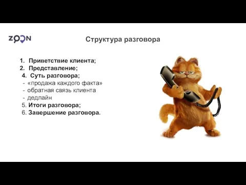 Структура разговора Приветствие клиента; Представление; 4. Суть разговора; «продажа каждого