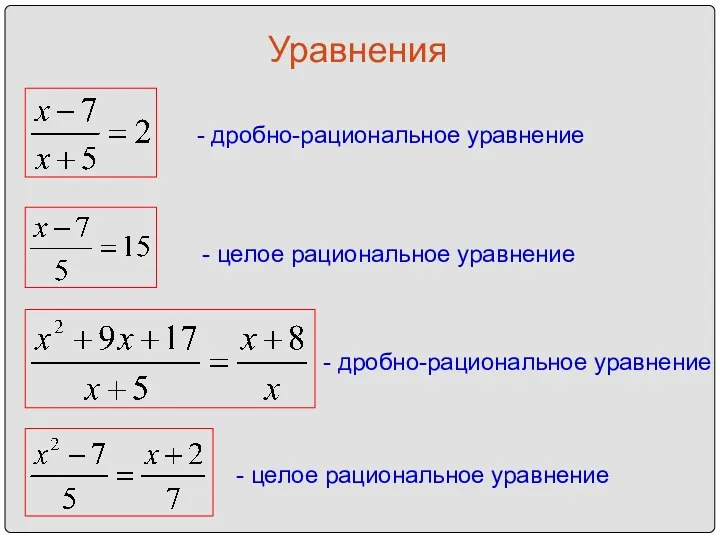 Уравнения - целое рациональное уравнение - дробно-рациональное уравнение - дробно-рациональное уравнение - целое рациональное уравнение