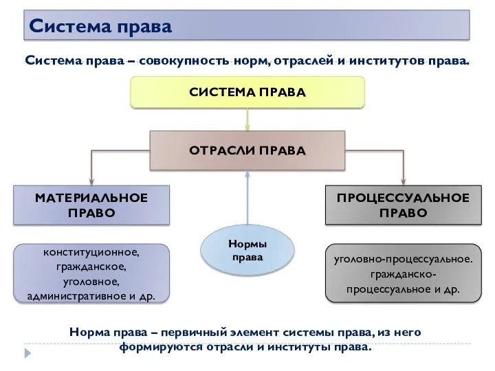 Система права Система права – совокупность норм, отраслей и институтов