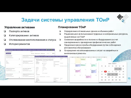 Задачи системы управления ТОиР Паспорта активов Категорирование активов Отслеживание местоположения