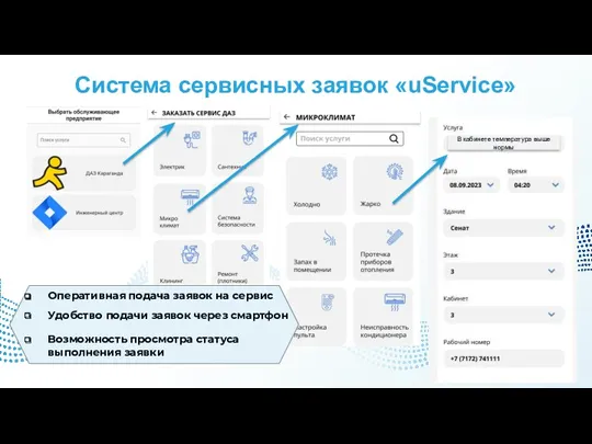 Система сервисных заявок «uService» В кабинете температура выше нормы Оперативная