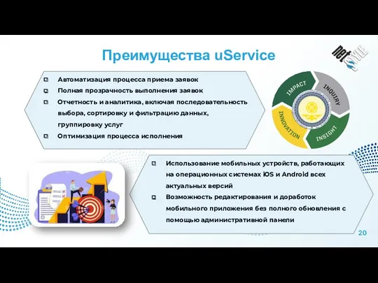 Преимущества uService Автоматизация процесса приема заявок Полная прозрачность выполнения заявок