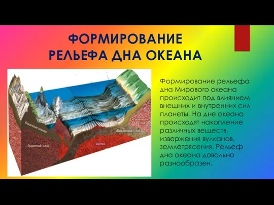 ФОРМИРОВАНИЕ РЕЛЬЕФА ДНА ОКЕАНА Формирование рельефа дна Мирового океана происходит