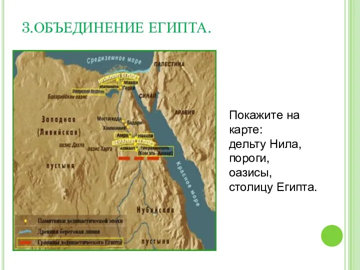 3.ОБЪЕДИНЕНИЕ ЕГИПТА. Покажите на карте: дельту Нила, пороги, оазисы, столицу Египта.